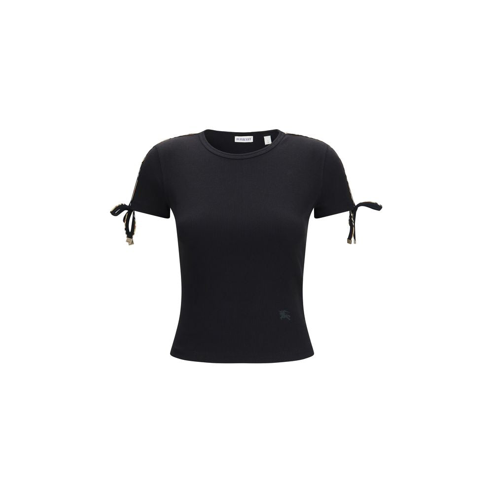 Schwarzes Baumwoll-T-Shirt mit geschnürten Ärmeldetails