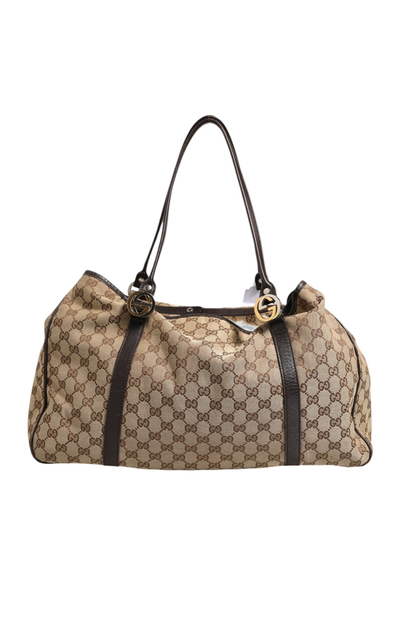 Beige and Black Leather Trim Medium Tote Bag