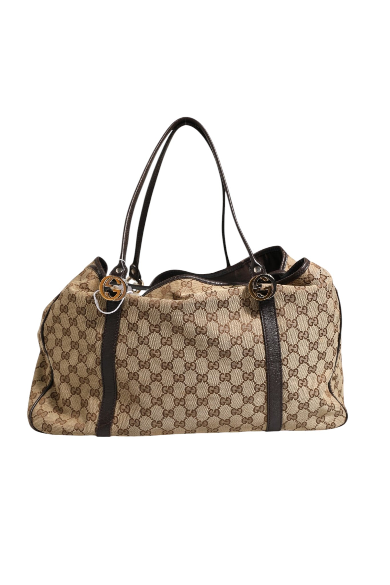 Beige and Black Leather Trim Medium Tote Bag