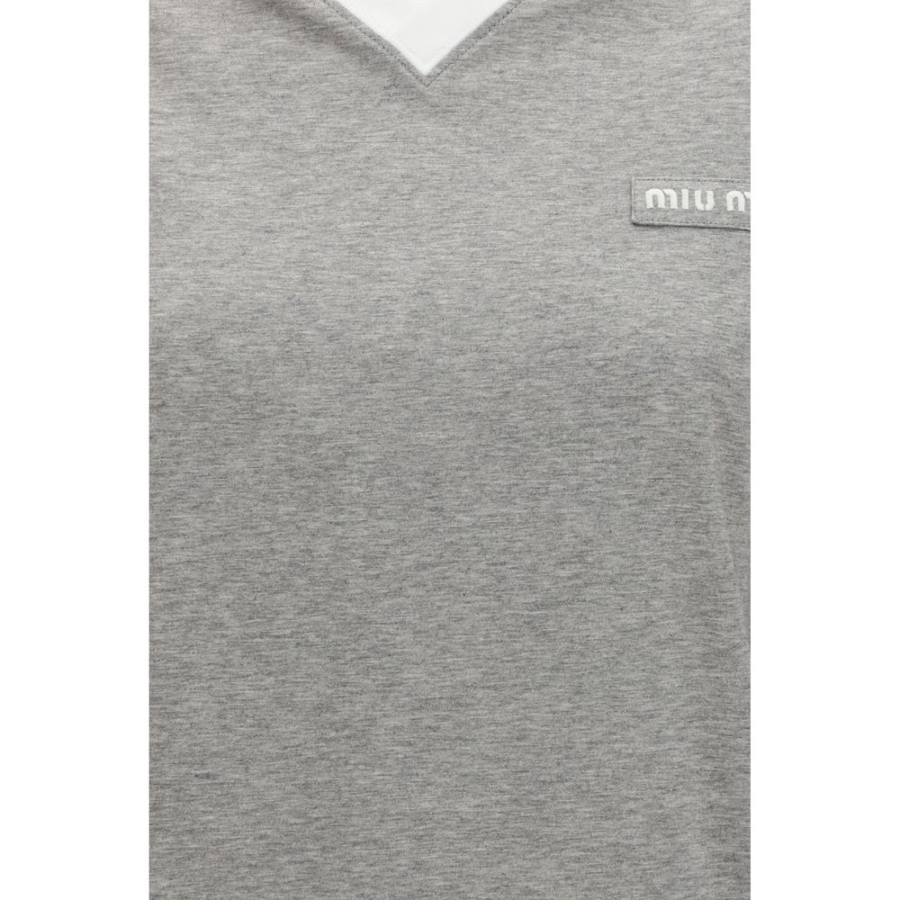 Gray Cotton V-Neck Long Sleeve T-Shirt by Miu Miu