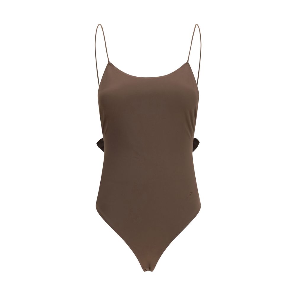 Brown Synthetic One-Piece Swimsuit with Ruffles