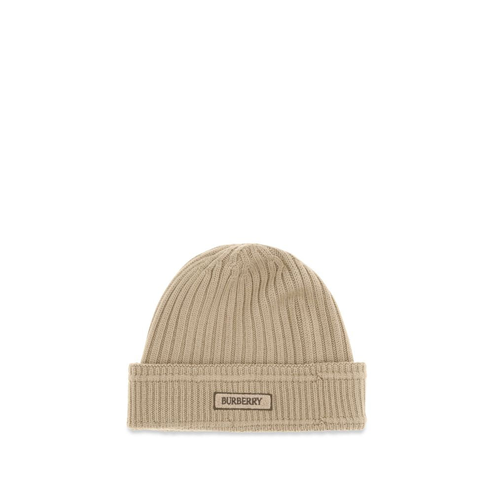 Beige Wool Beanie with Logo Patch