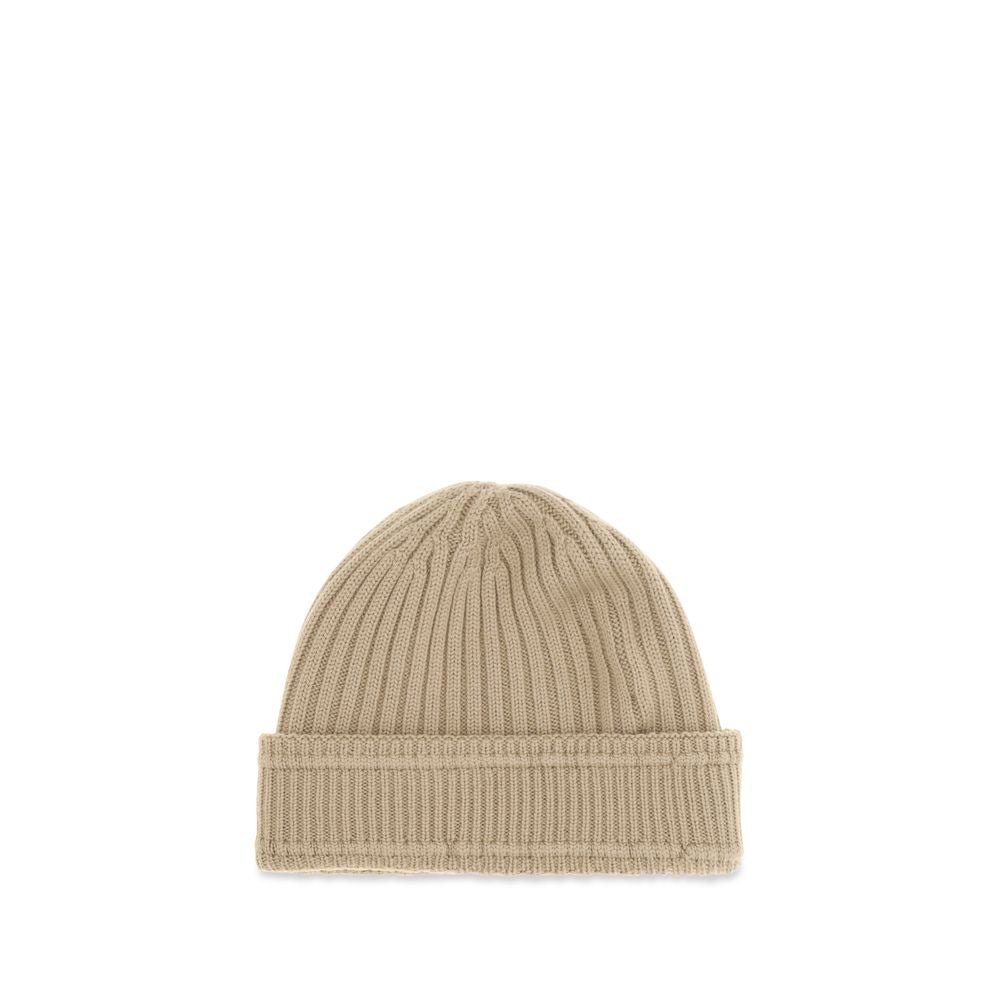 Beige Wool Beanie with Logo Patch