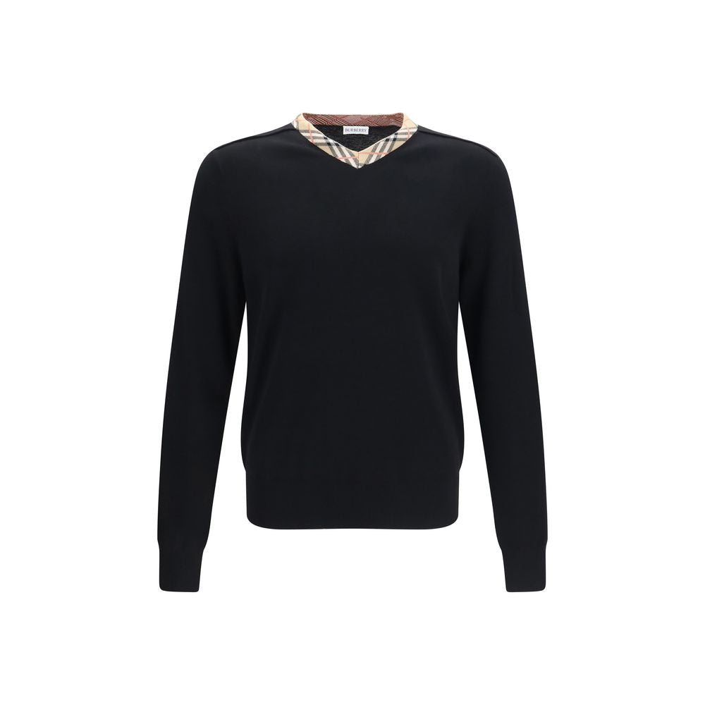 Schwarzer Wollpullover mit Karomuster-Besatz
