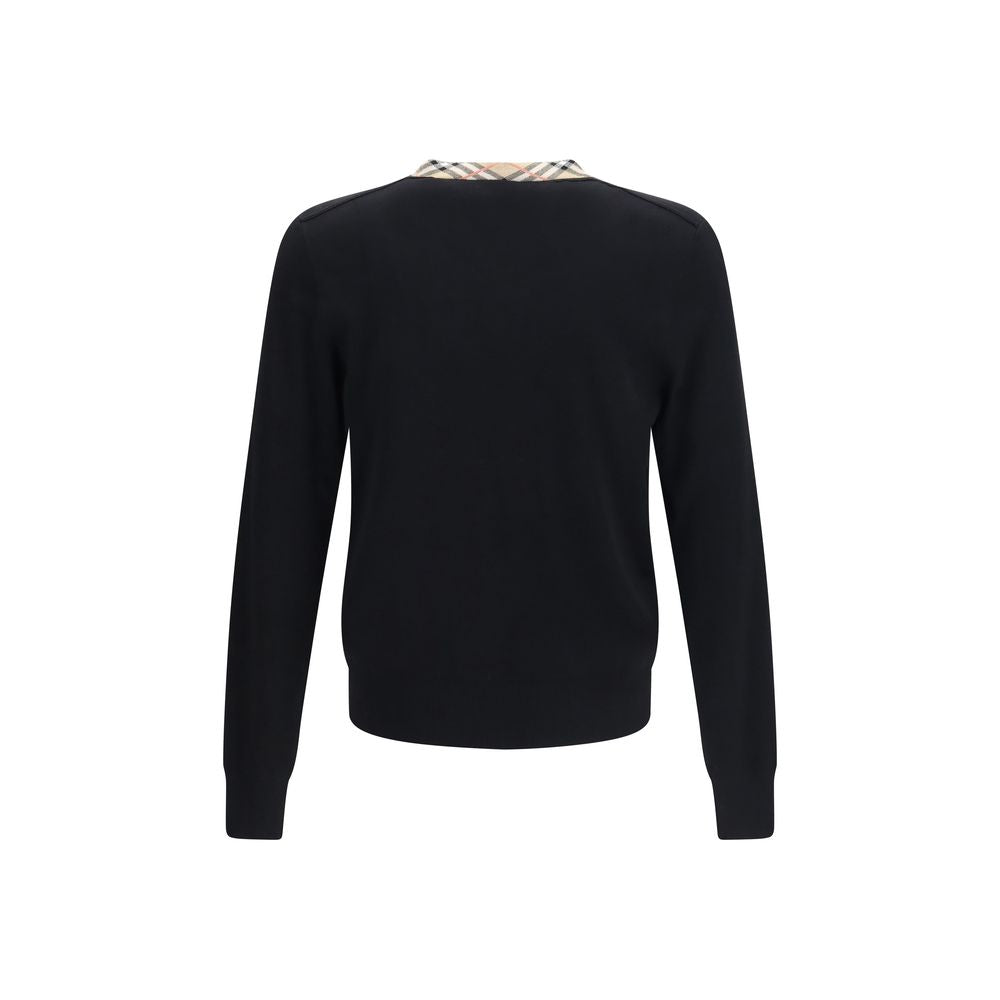 Schwarzer Wollpullover mit Karomuster-Besatz