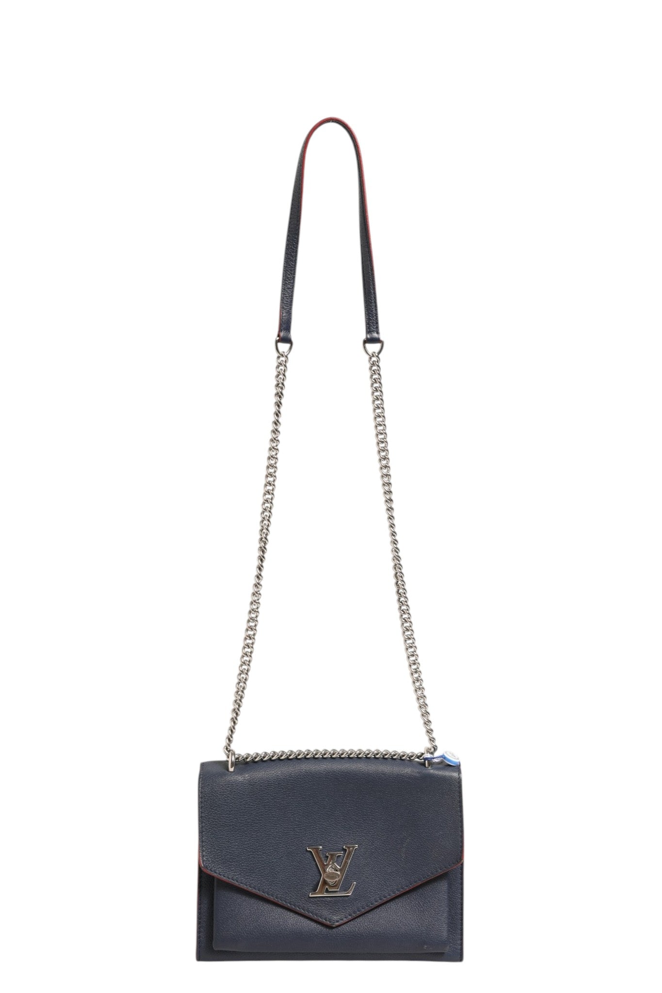Navy Blue Leather Chain Shoulder Bag by Mylockme
