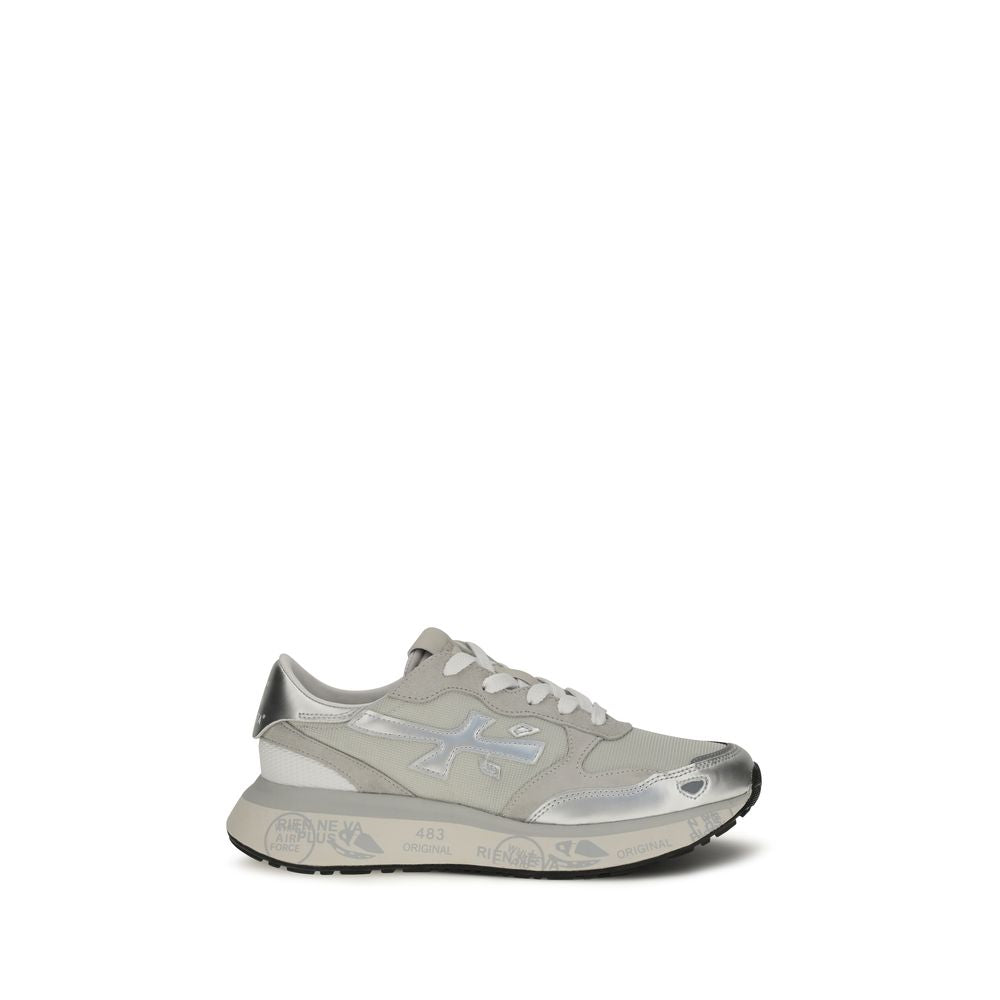 Silver Leather and Synthetic Athletic Sneakers