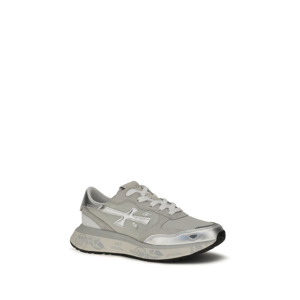 Silver Leather and Synthetic Athletic Sneakers