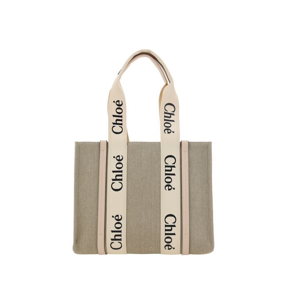 Beige Leinen-Schultertasche mit Lederbesatz