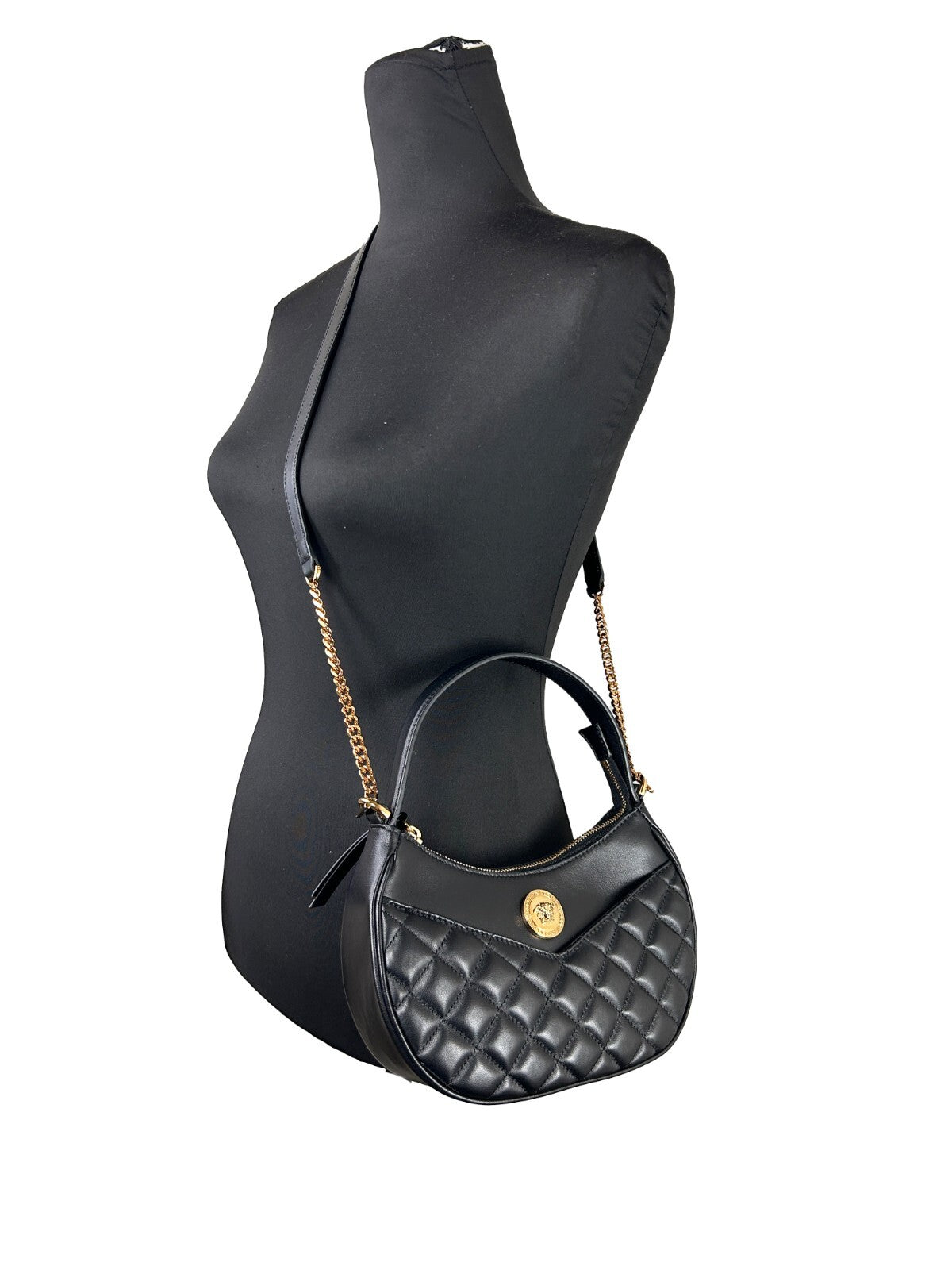 Black Leather Quilted Half Moon Chain Crossbody Bag