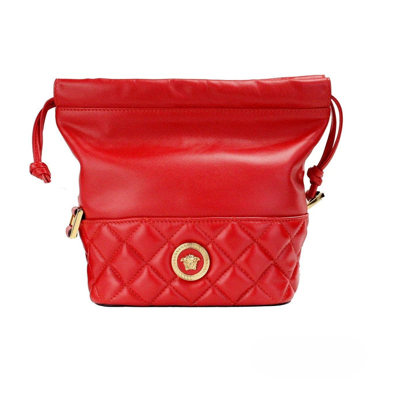 Red Leather Quilted Drawstring Bucket Shoulder Bag by Versace