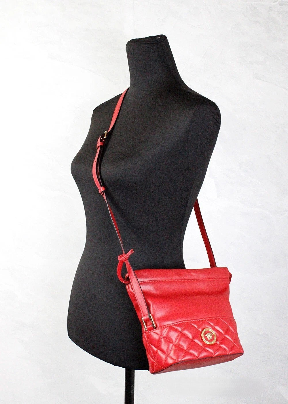 Red Leather Quilted Drawstring Bucket Shoulder Bag by Versace