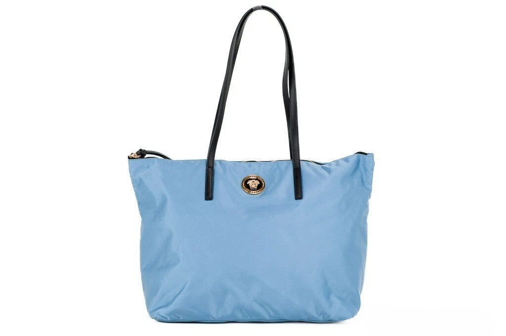 Cornflower Blue Leather & Synthetic Tote Bag with Medusa Logo