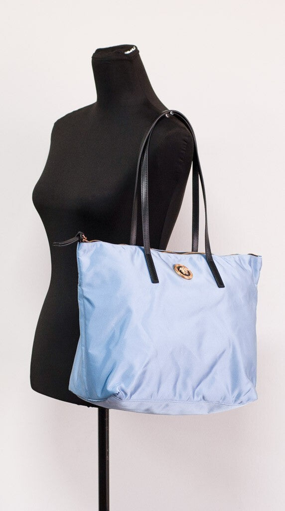 Cornflower Blue Leather & Synthetic Tote Bag with Medusa Logo