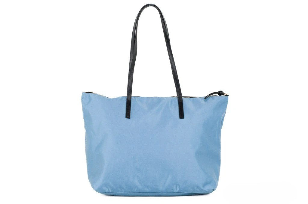 Versace Portuna Medusa mittelgroße Shopper-Tasche aus Nylon und Leder in Kornblumenblau