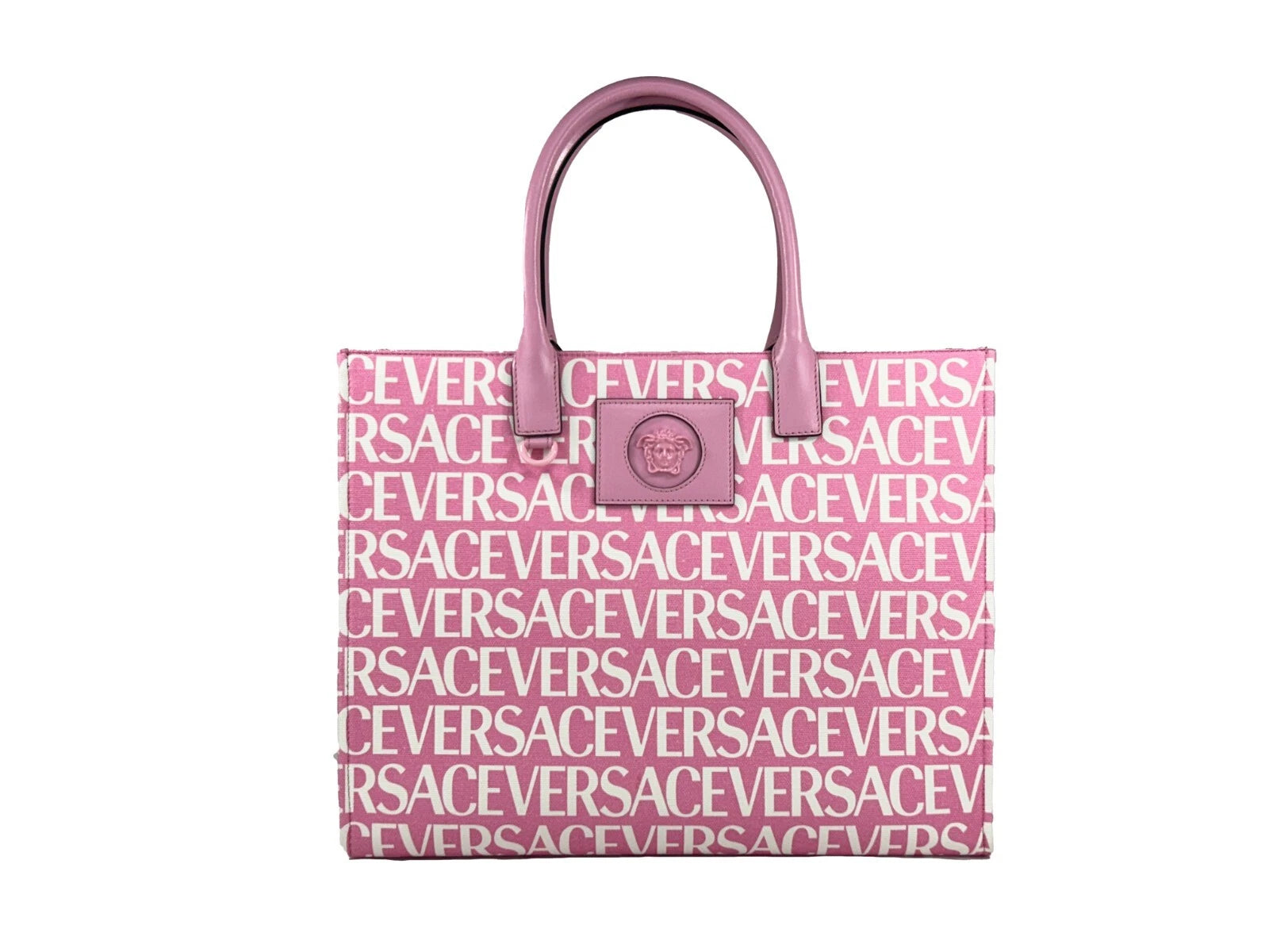 Baby Pink Leather Trim Canvas Tote Bag by Versace