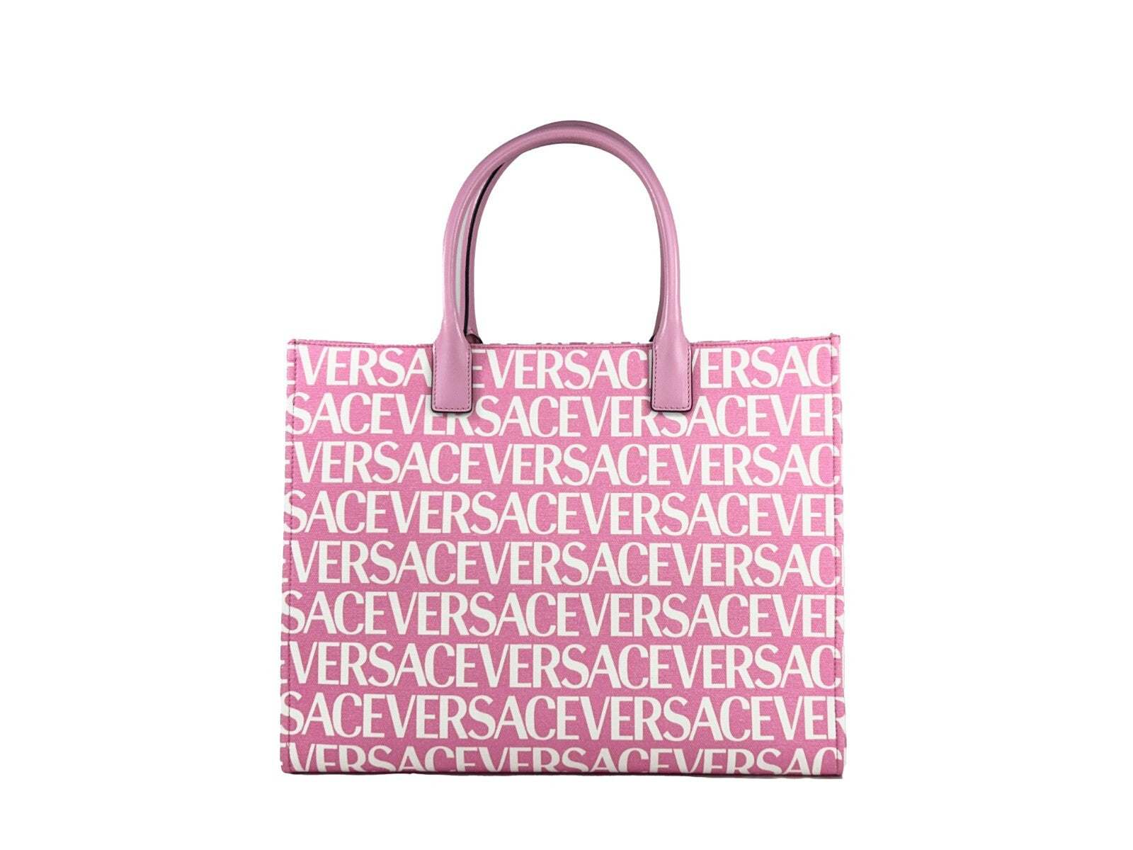 Baby Pink Leather Trim Canvas Tote Bag by Versace