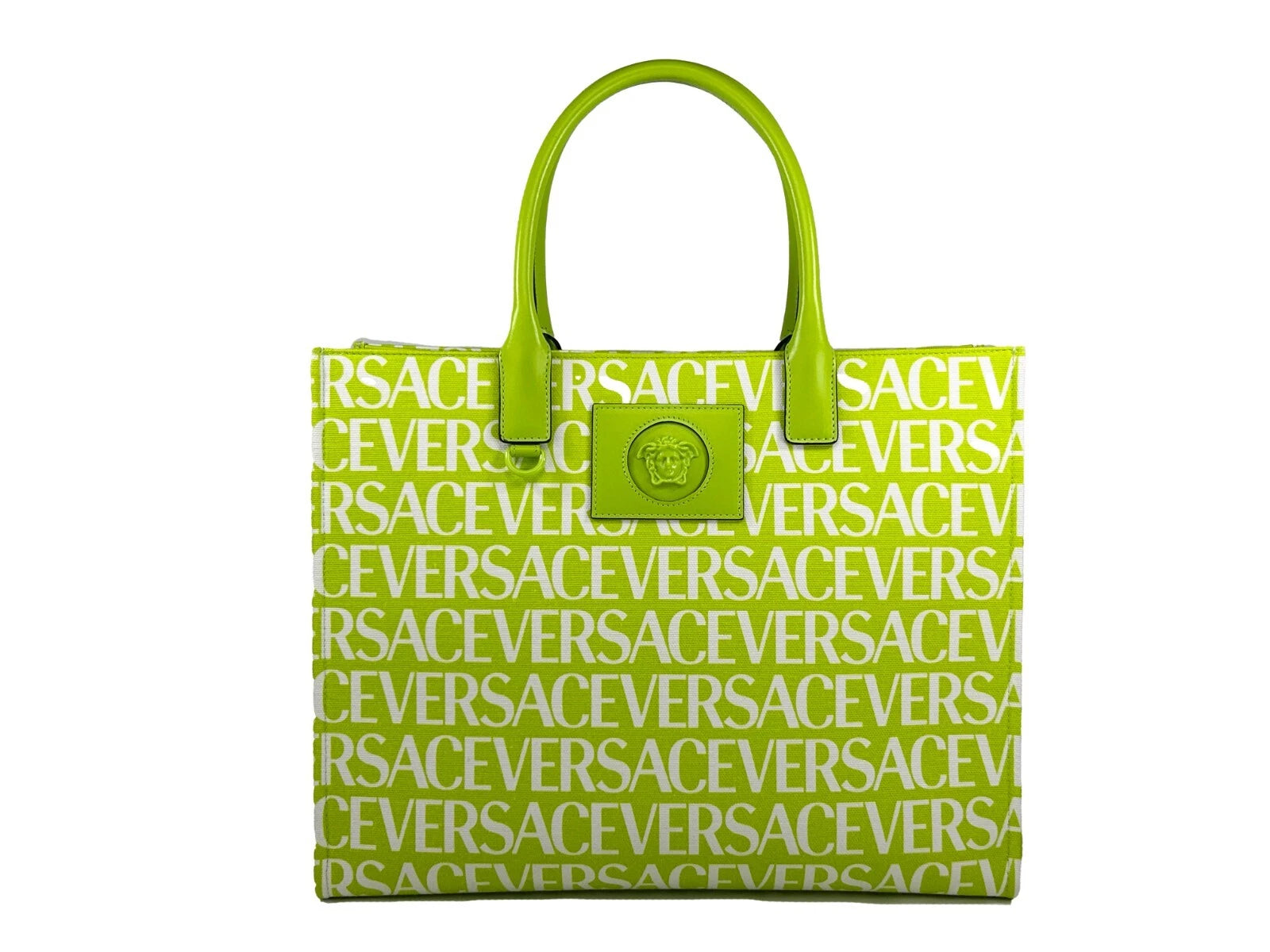 Green Leather Trim Canvas Tote Bag by Versace Medusa