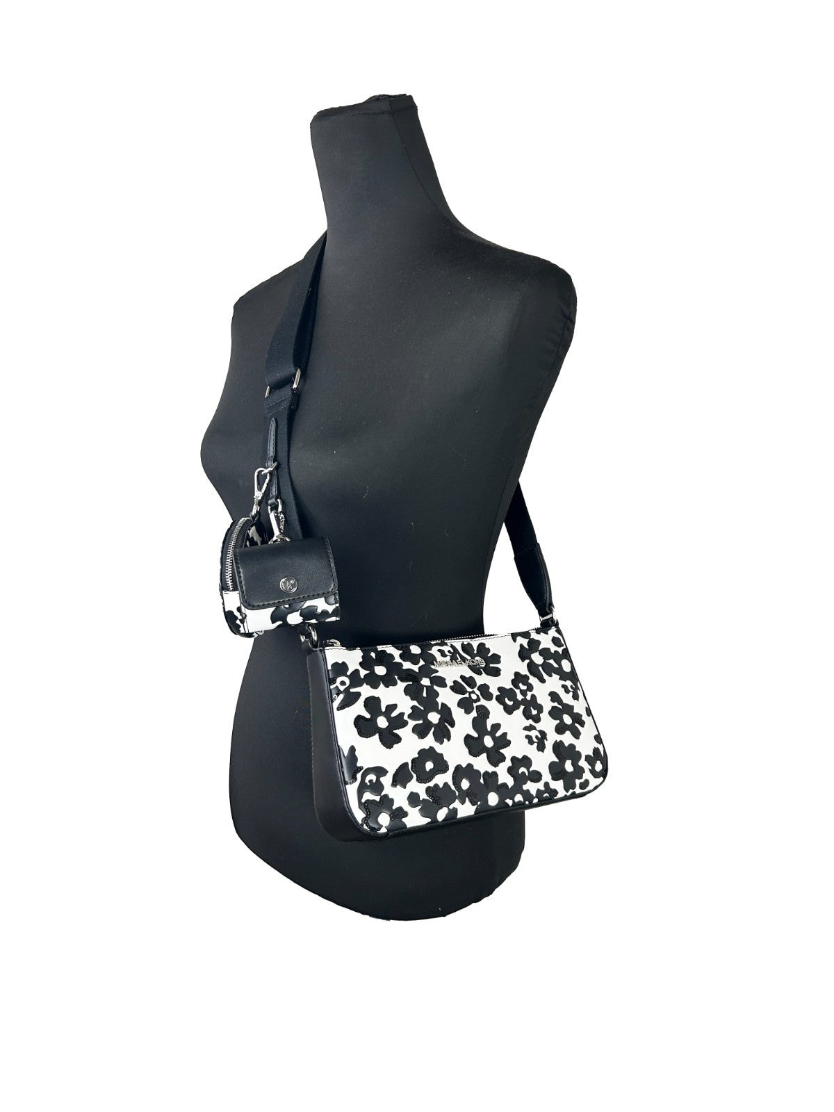 Black Leather Michael Kors Floral Crossbody Tech Bag