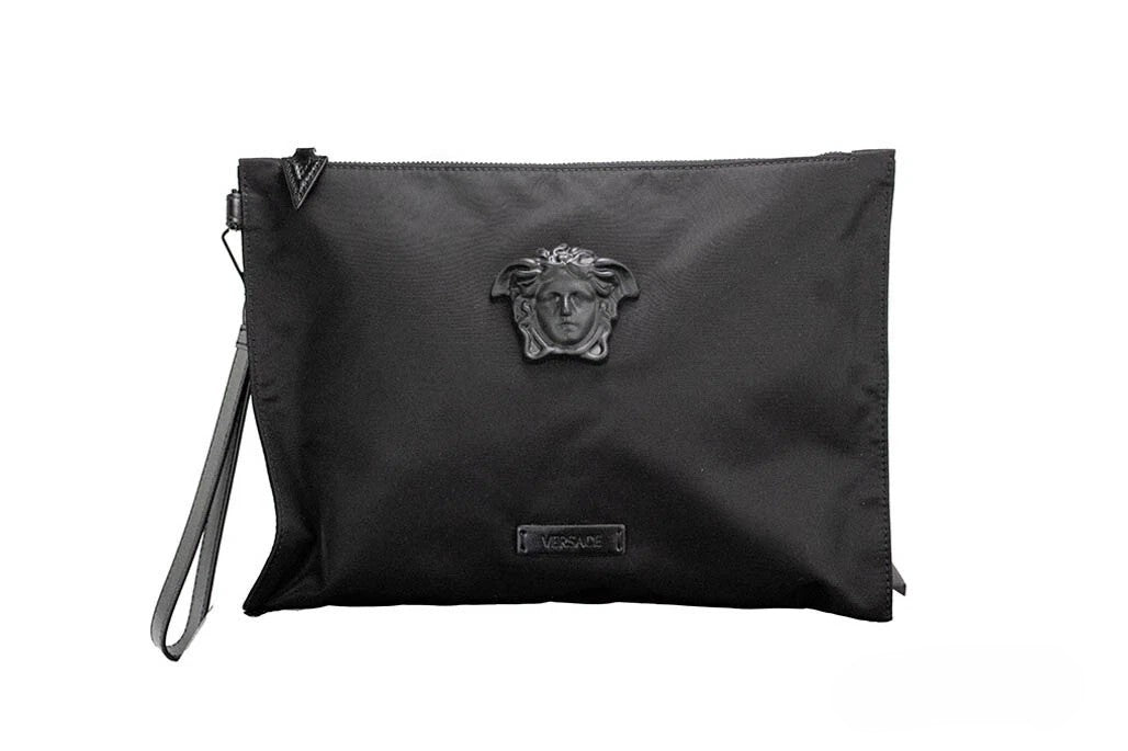 Schwarze, synthetische Versace Medusa umwandelbare Clutch-Handgelenktasche