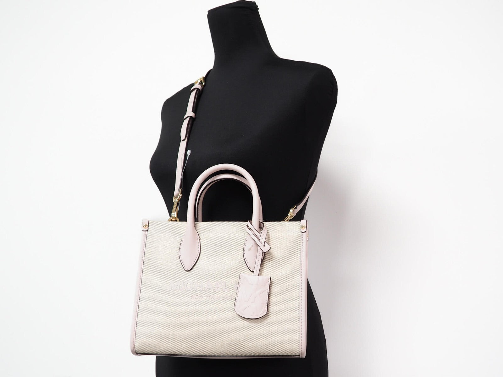 Powder Blush Leather Canvas Crossbody Shopper Bag