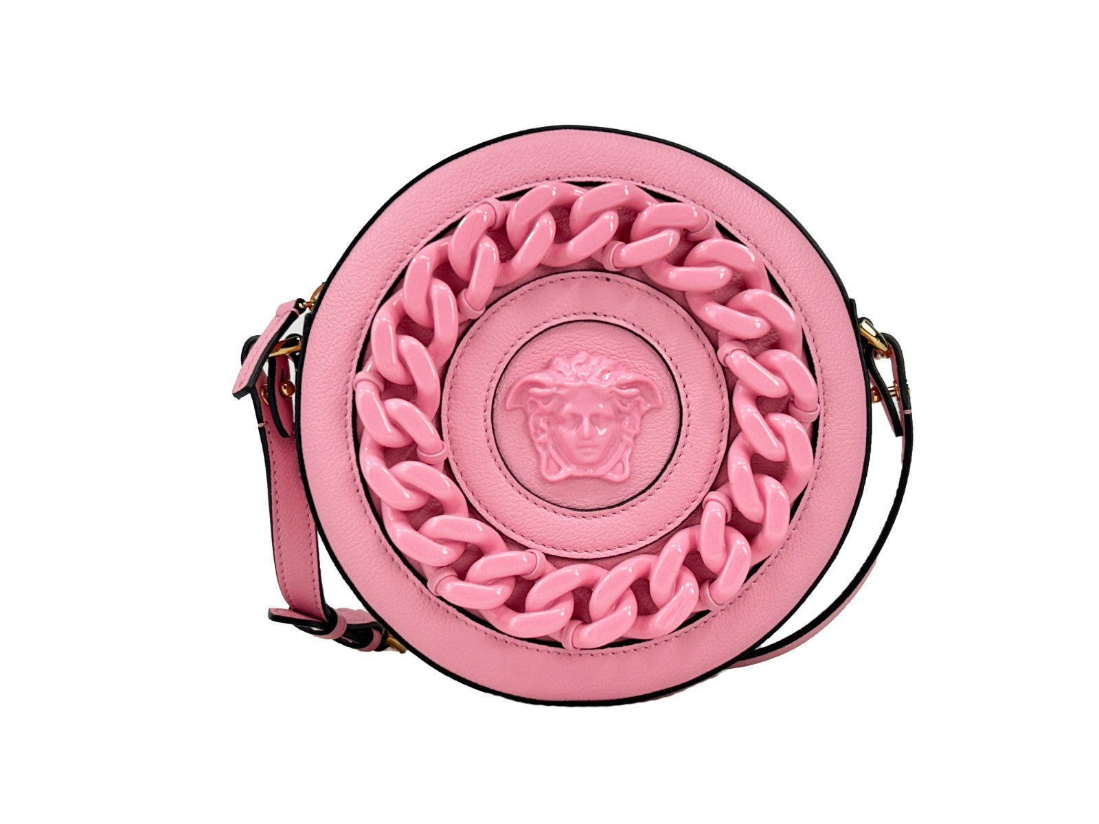 Baby Pink Leather Round Camera Bag with Crossbody Strap