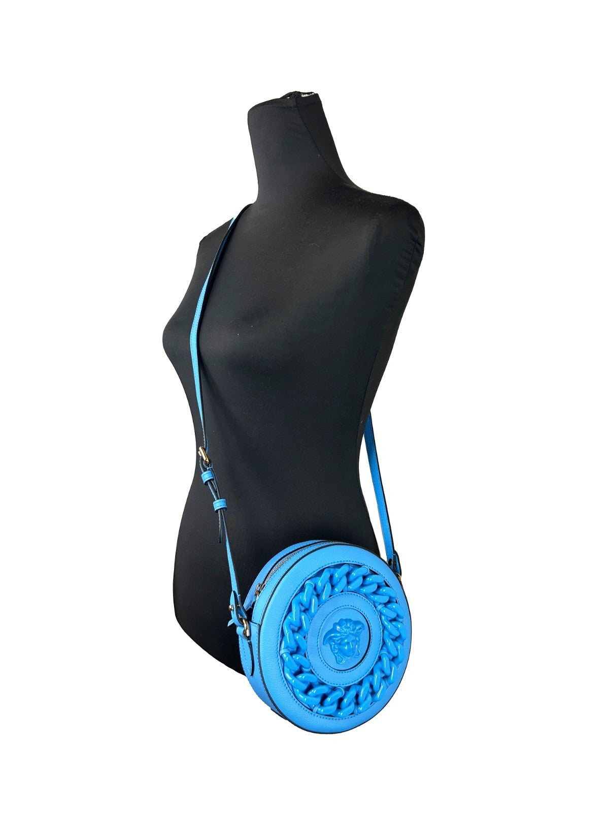 Blaue Versace Kamera-Umhängetasche aus Leder mit rundem Design