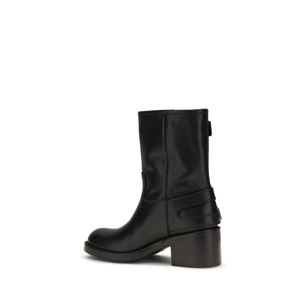 Black Leather Ankle Boots with Gold Buckle Detail