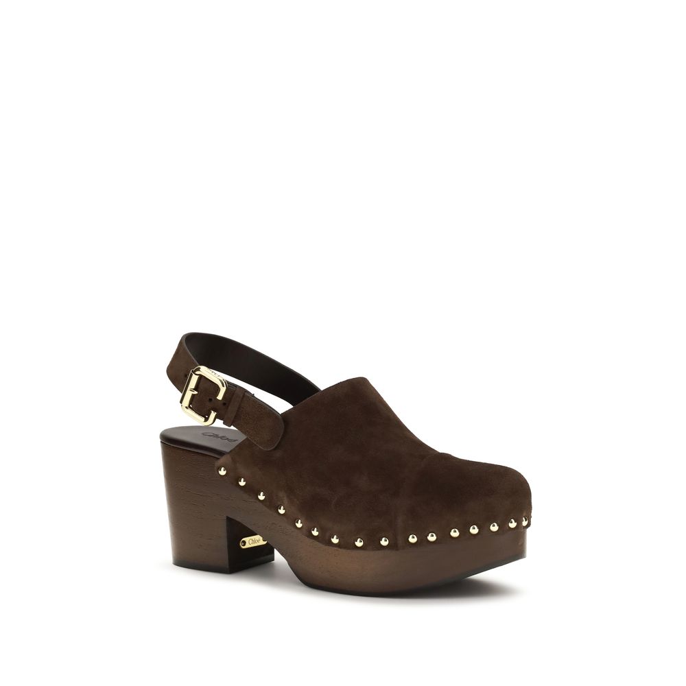 Brown Leather Wedge Clogs with Ankle Strap