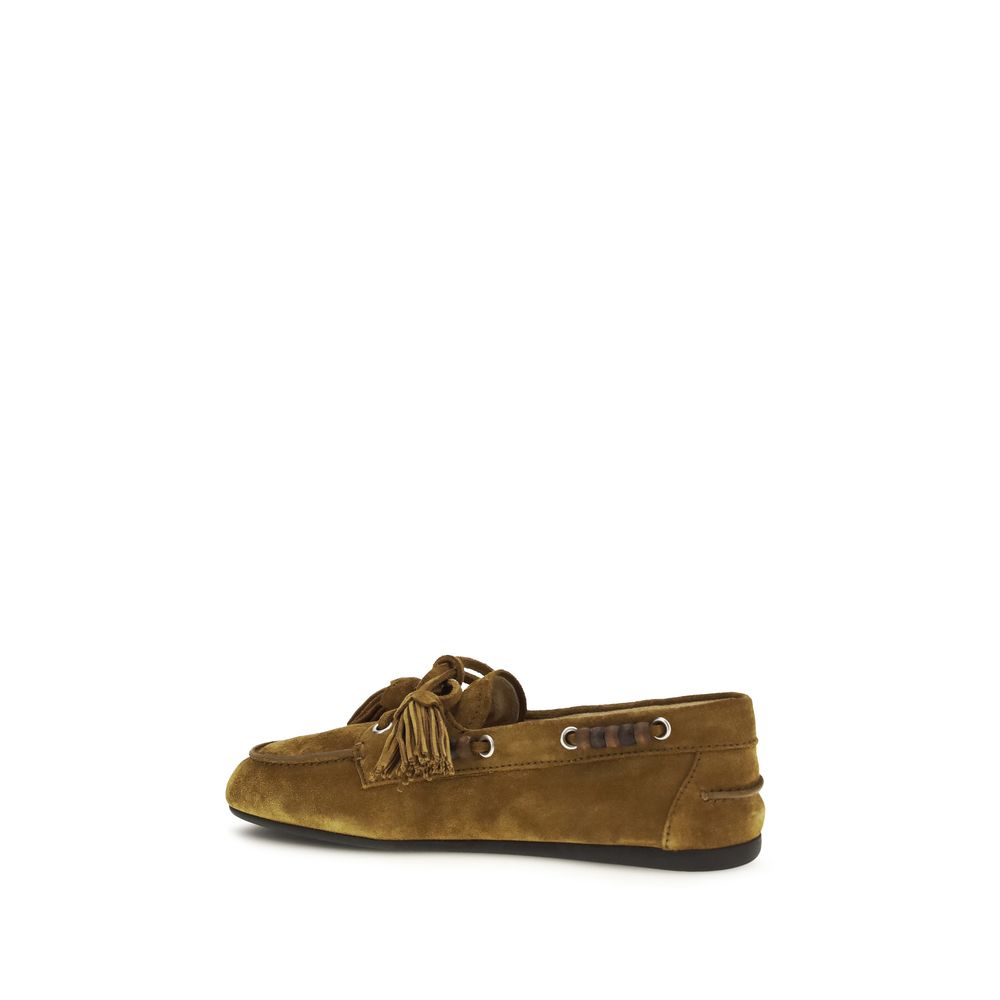 Beige Leather Loafers with Tassels and Suede Detail