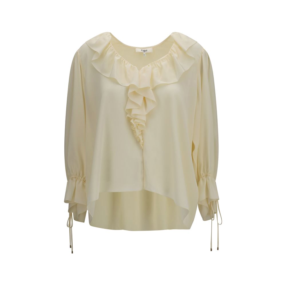 Beige Seidenbluse mit gerafftem V-Ausschnitt und Bindemanschetten