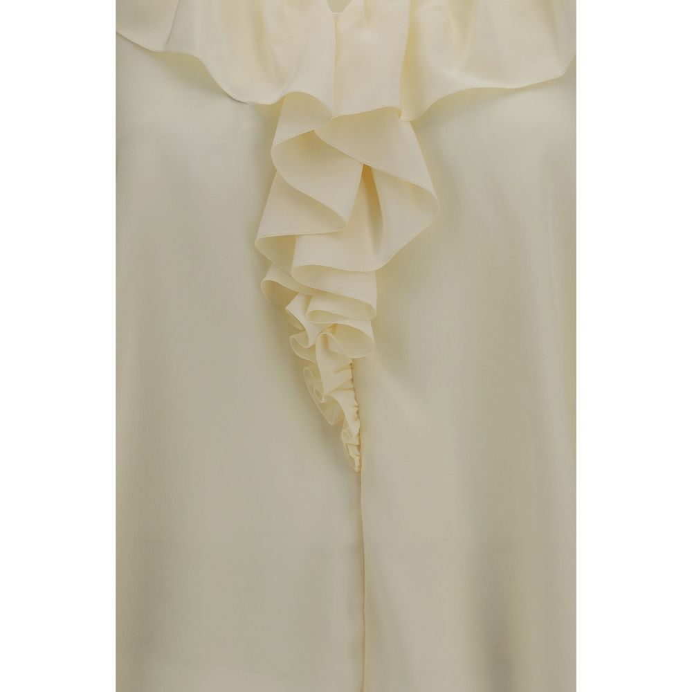 Beige Silk Blouse with Ruffled V-Neck and Tie Cuffs
