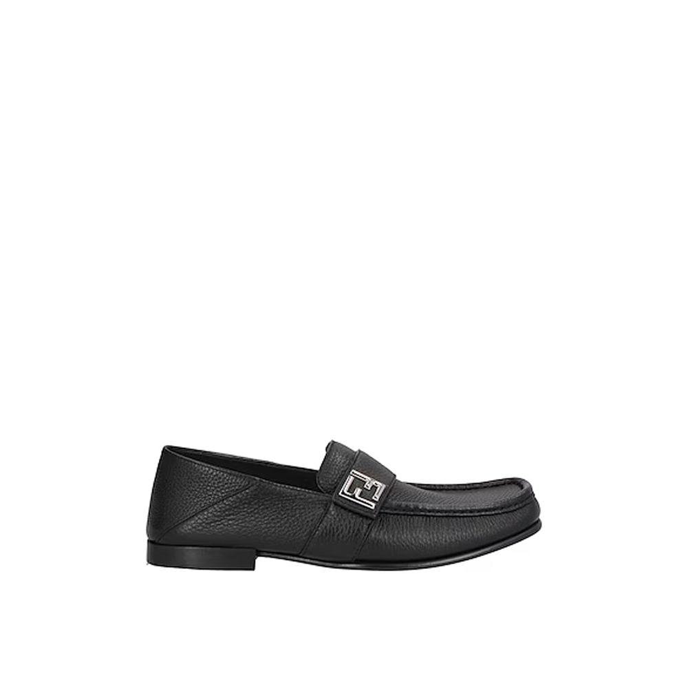 Schwarze Slip-On-Slipper aus Leder mit silbernem Logo