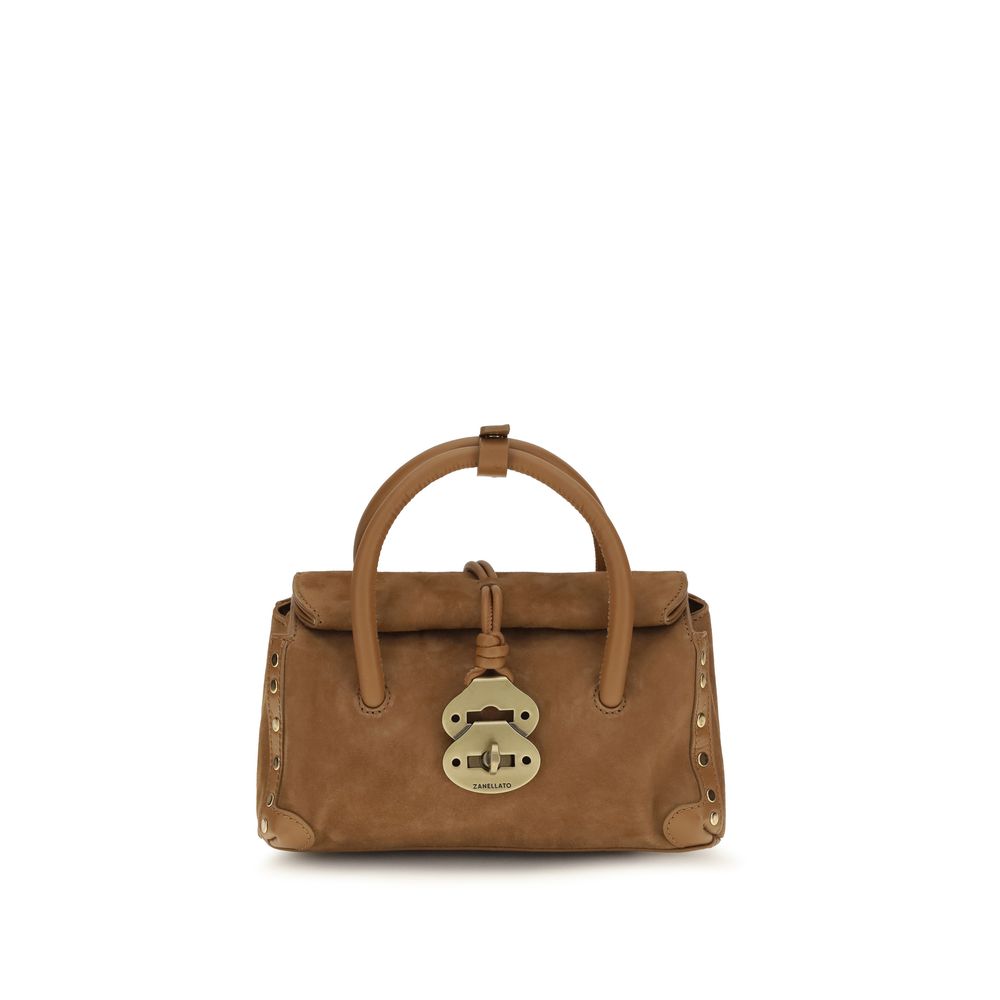 Brown Leather Calf Handbag with Turn-Lock Closure