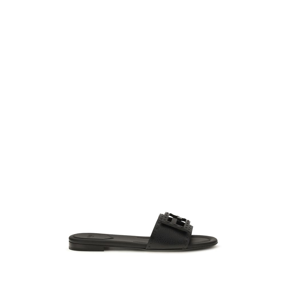 Schwarze flache Ledersandalen mit FF-Baguette-Detail