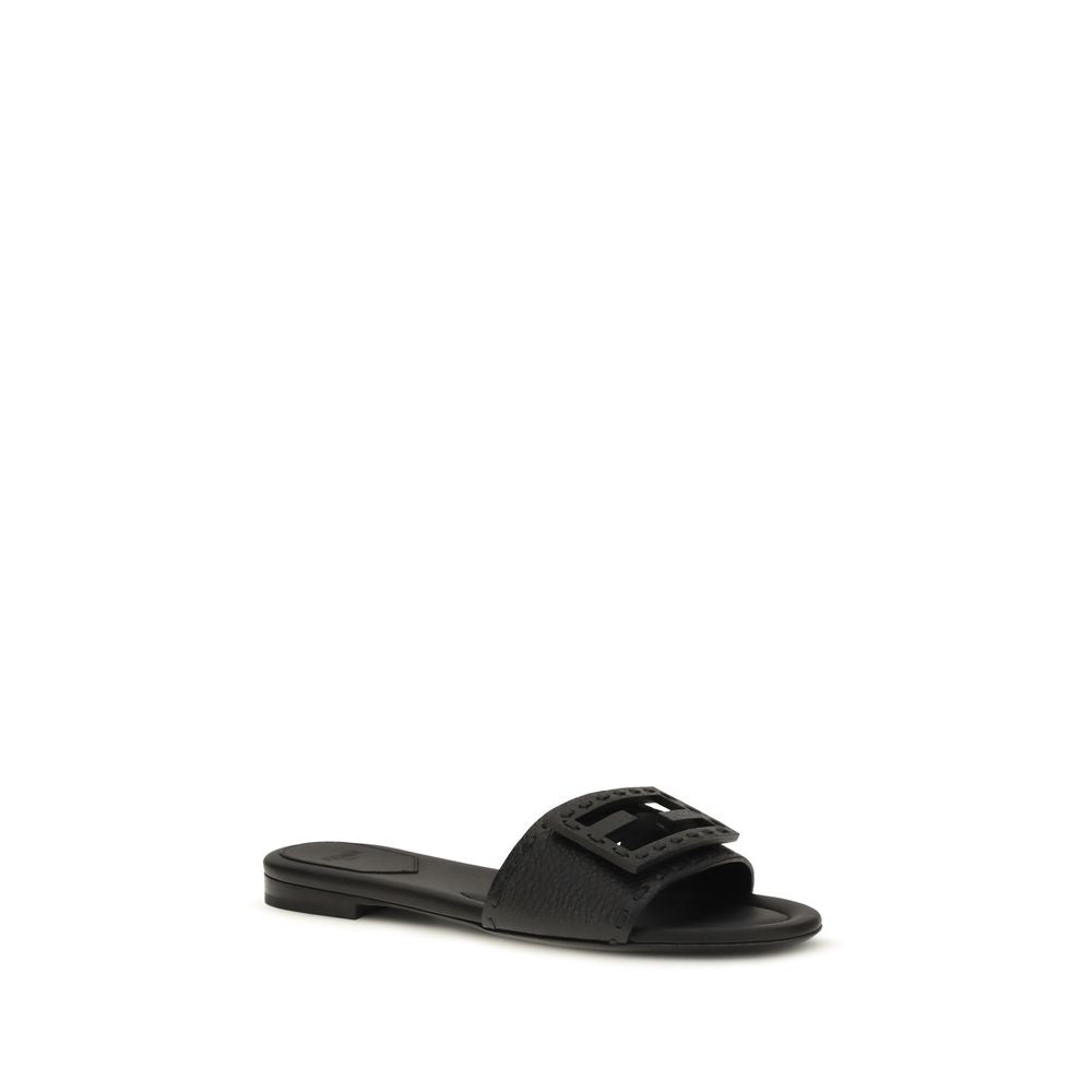 Schwarze flache Ledersandalen mit FF-Baguette-Detail