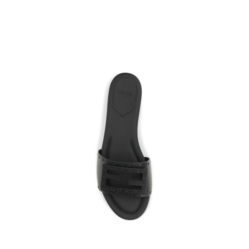 Black Leather Flat Sandals with FF Baguette Detail