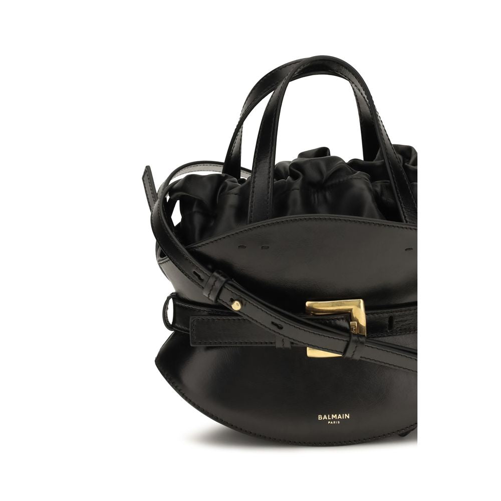 Black Leather Shuffle Mini Shoulder Bag with Drawstring Closure