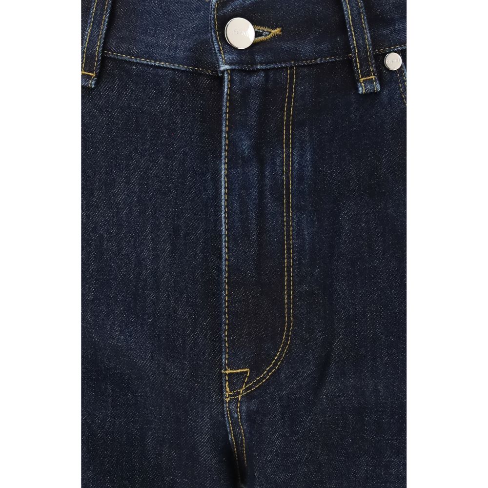 Blue Cotton Straight-Leg Jeans with Leather Patch