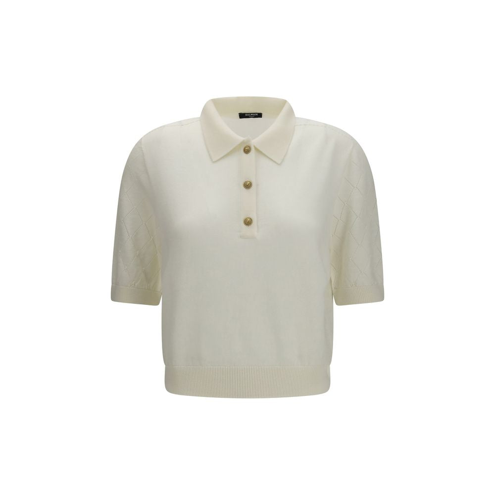 White Wool Polo Shirt with Gold Buttons
