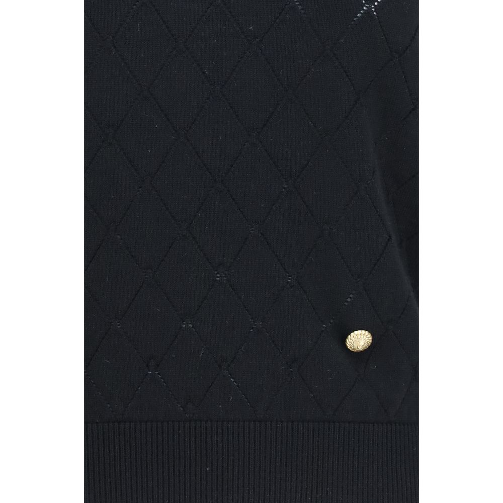 Black Wool Sleeveless Top with Quilted Effect