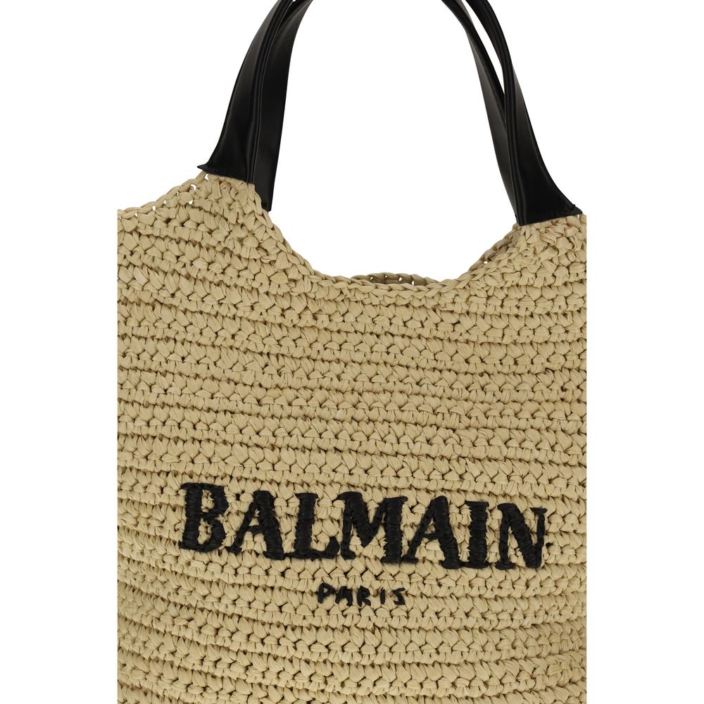 Beige Balmain Crochet Tote Bag with Leather Handles