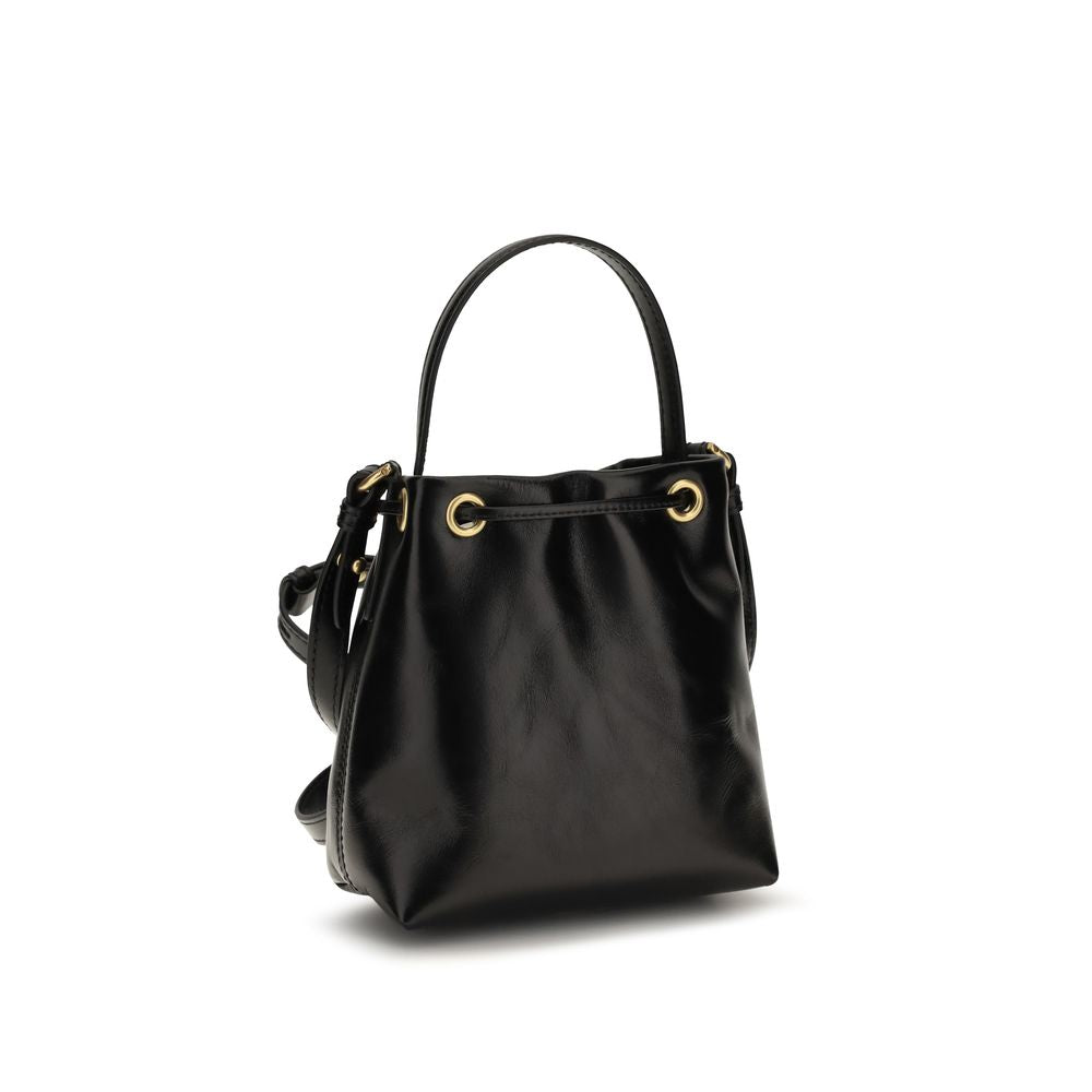 Black Leather Bucket Bag with Drawstring Closure