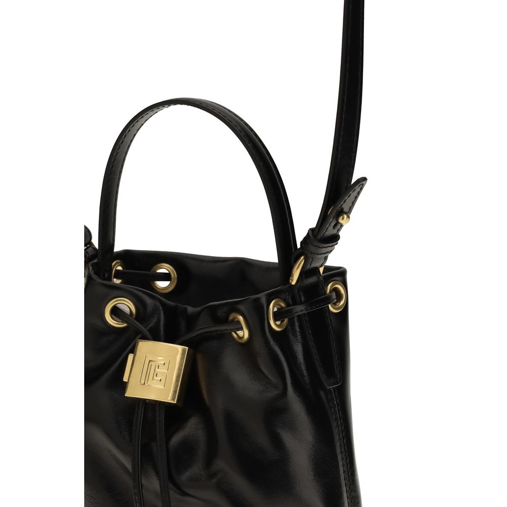 Black Leather Bucket Bag with Drawstring Closure