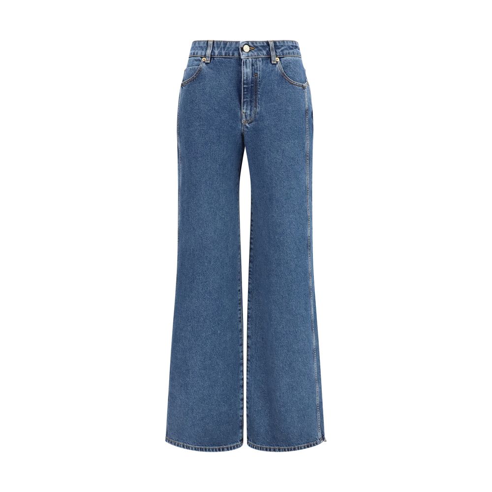 Blue Cotton Denim Wide-Leg Jeans