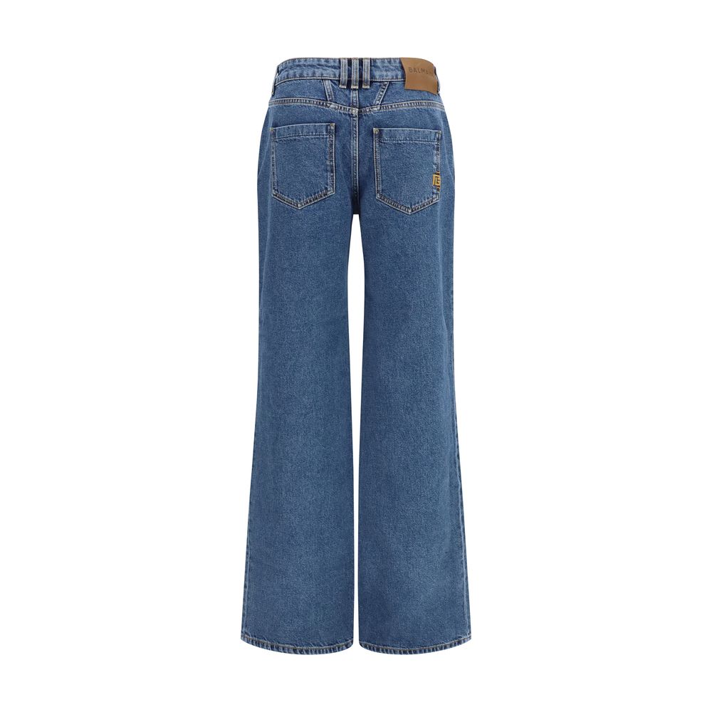 Blue Cotton Denim Wide-Leg Jeans