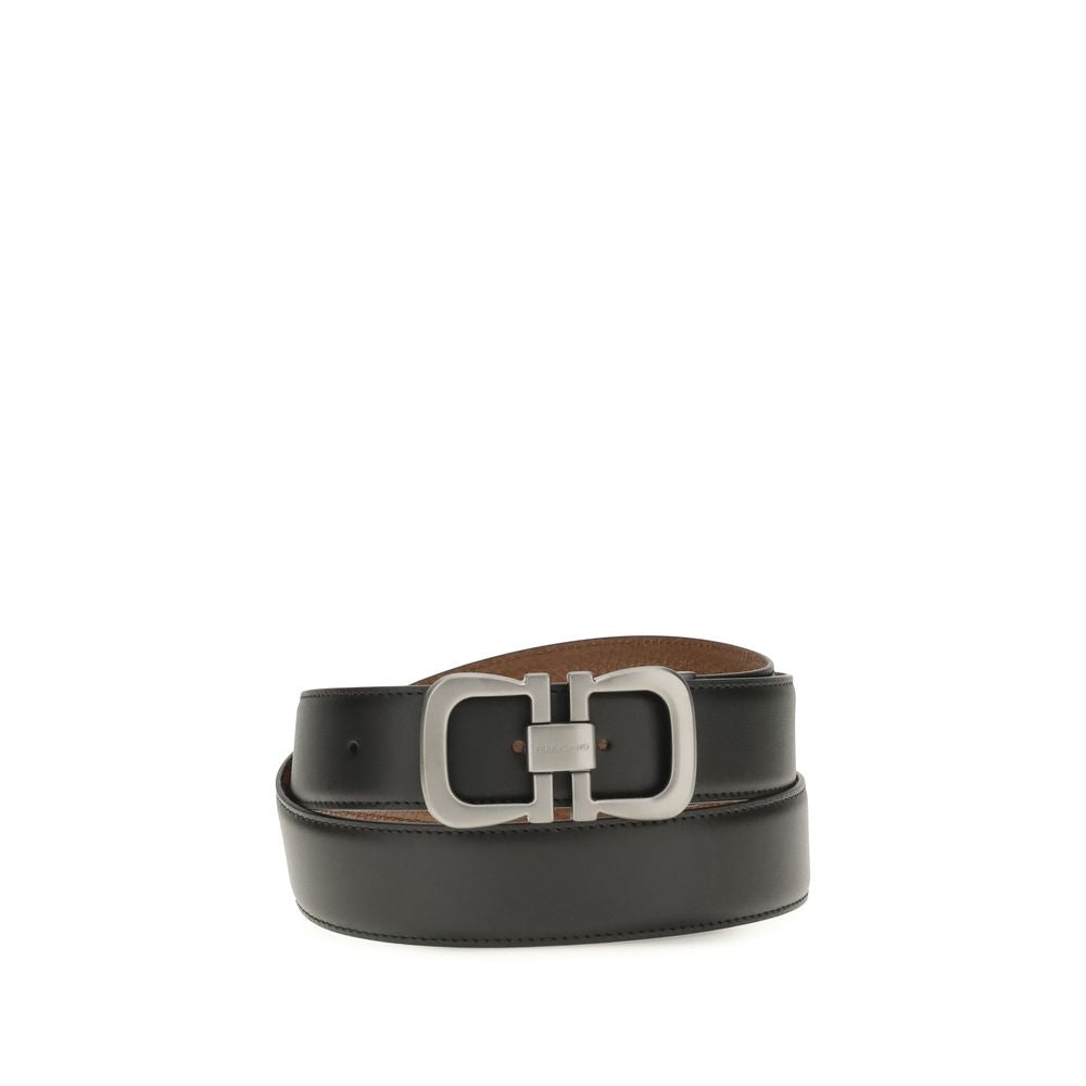 Black Leather Reversible Belt with Gancini Buckle