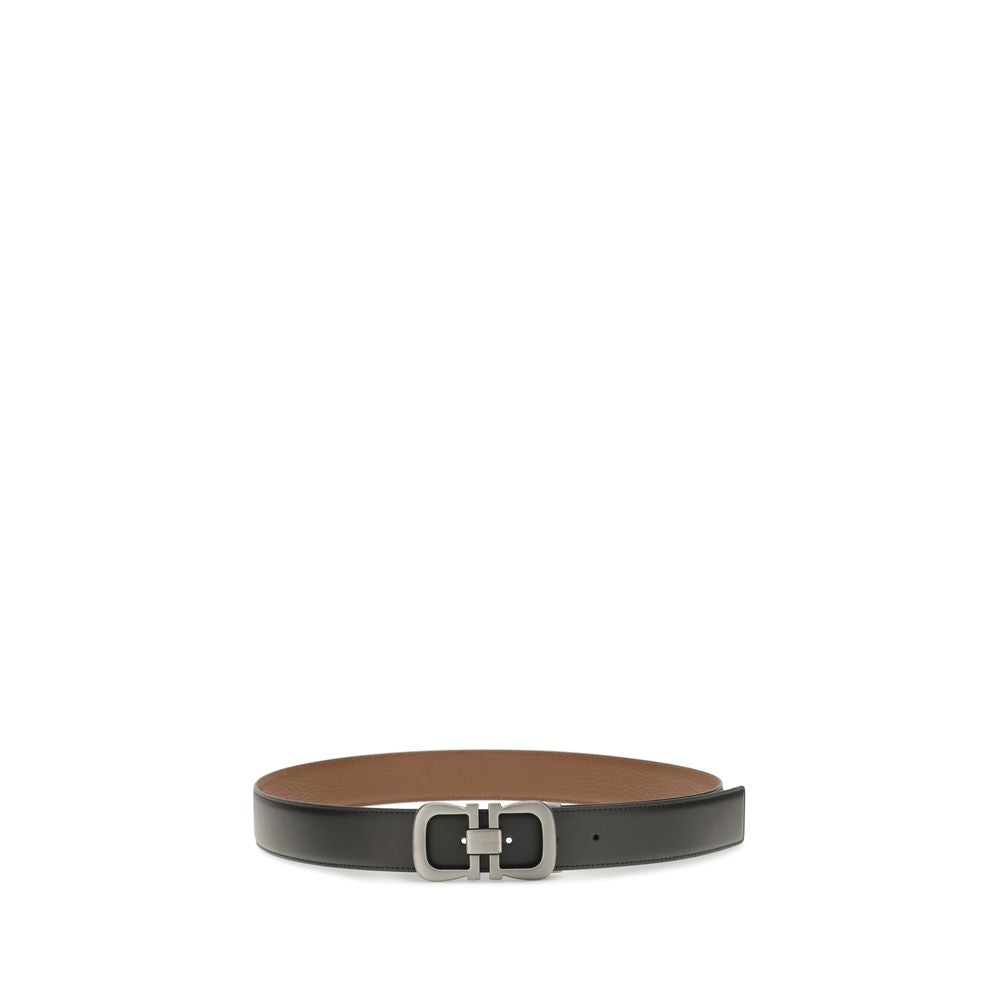 Black Leather Reversible Belt with Gancini Buckle