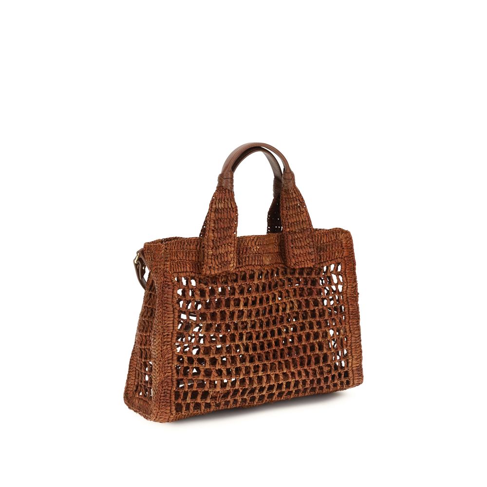Brown Raffia Shoulder Bag with Leather Details