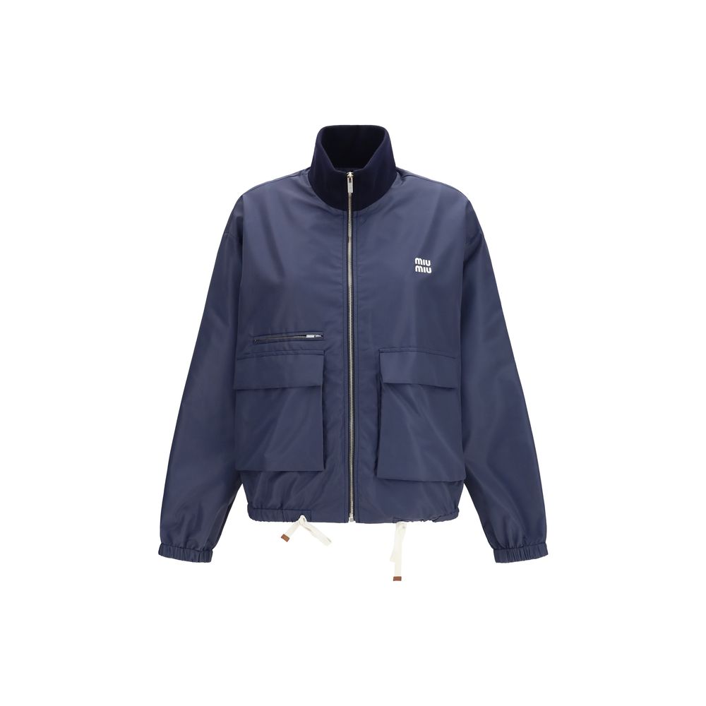 Blaue, knöchellange Synthetikjacke mit Lederdetails